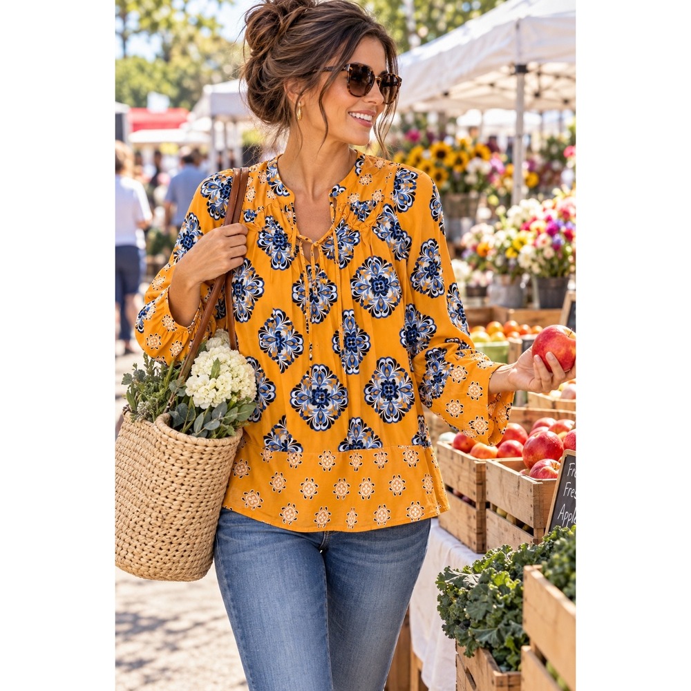 Crown & Ivy Peasant Blouse Large Yellow Blue Medallions Cottagecore Print Boho